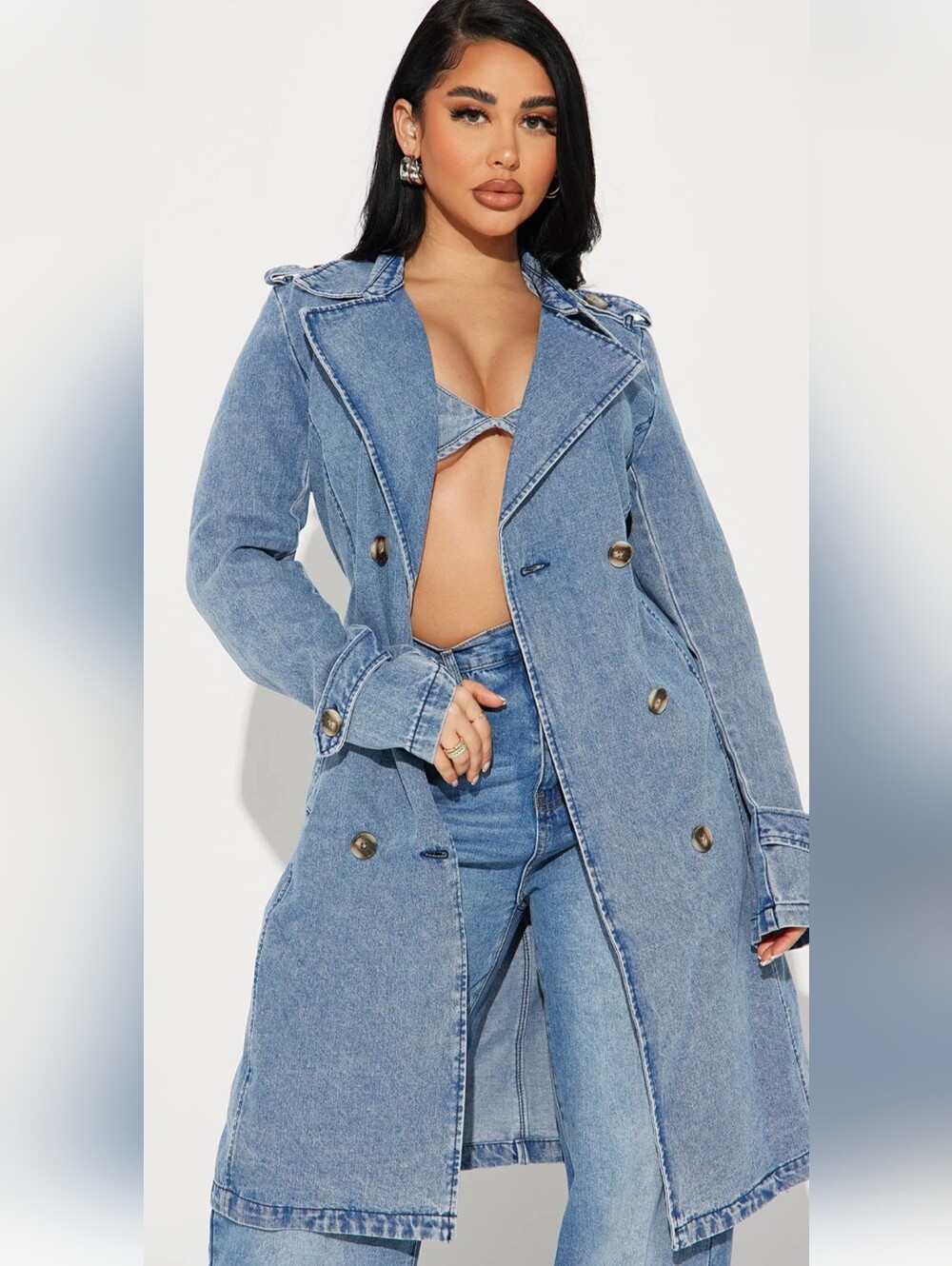 Fashion Nova Take You There Denim Belted Trench Coat Size XL NWT Medium Wash